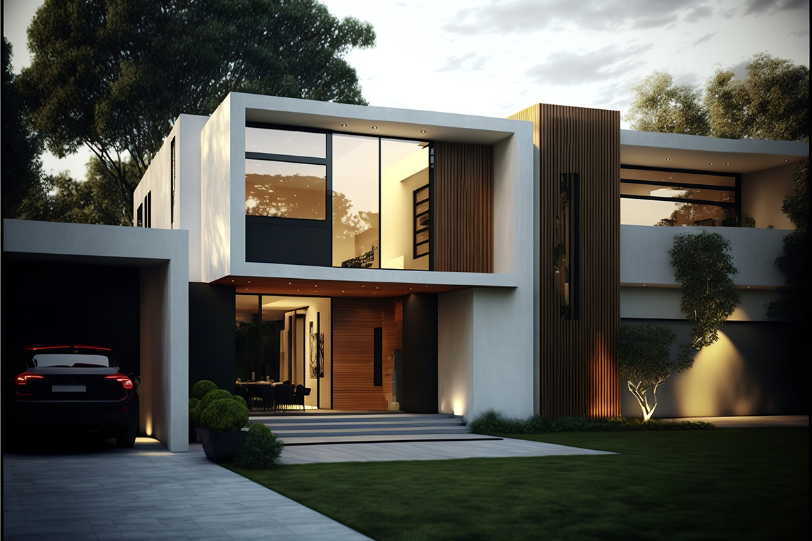 modern, luxury house with large windows showing beautiful lights